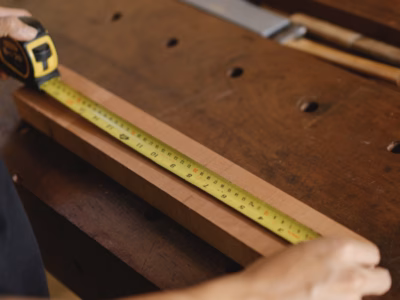 Holzbrett wird mit Massband gemessen