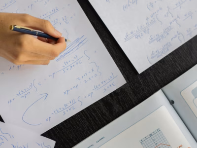 Hand schreibt mathematische Berechnungen auf Papier